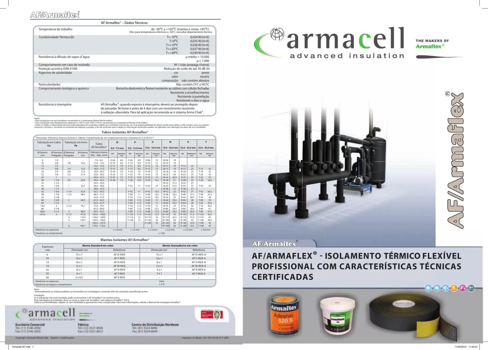 Armacell — folha técnica AF/Armaflex com dados técnicos, tabela dimensional e aplicação industrial